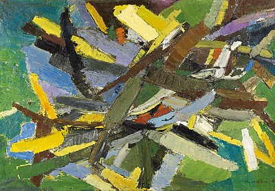 Ohne Titel, um 1958|Oel auf Holzplatte|104 x 149 cm|Ref. U. 611