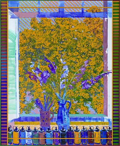 Fensterausblick aus dem Atelier mit Blumen, 1996|Mischtechnik auf Leinwand|182 x 115,5 cm|Ref. 1/PD