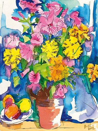 Bouquet, Rosa-Gelb auf Blau, 2012|Aquarell auf Papier|61 x 46 cm|Ref. 451