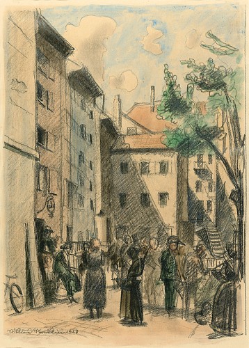 Markt auf dem Andreasplatz in Basel, 1927|Aquarell über Bleistift auf Papier|35 x 25 cm LM|Ref. U. 347
