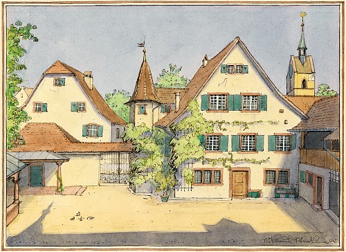 Wettsteinhaus (heutiges Spielzeugmuseum Riehen), 1962|Aquarell auf Papier|14 x 19 cm|Ref. U. 641