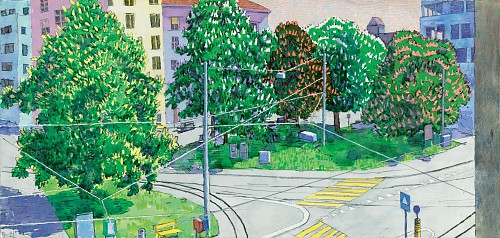 Samuel Buri | Kastanienbäume und BVB am Wiesenplatz, 2013 | Aquarell auf Papier, 36 x 76 cm | Ref. 553