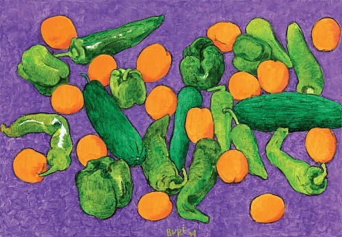 Samuel Buri| Gemüse und Aprikosen, 2014 |Oel auf Leinwand, 50 x 73 cm | Ref. 574
