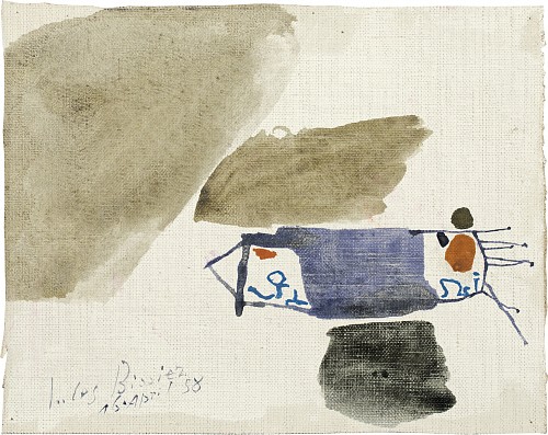 Julius Bissier|16. April 58, 1958|Eioeltempera auf grundierter Leinwand auf weissem Grund, 21 x 26,2 cm|Ref. 75/AB