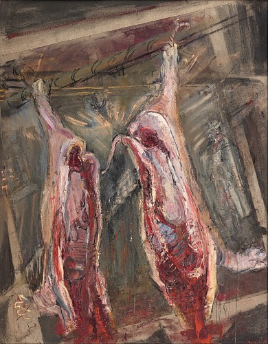 Das geschlachtete Schwein, 1972|Oel und Kohle auf ungrundierter Jute, dobliert| 180 x 140 cm|Ref. 8/AT