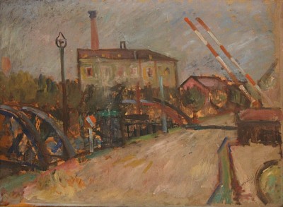 Bahnübergang, um 1940 |Oel auf Papier auf Leinwand, 47 x 61,5 cm| Ref. U. 816