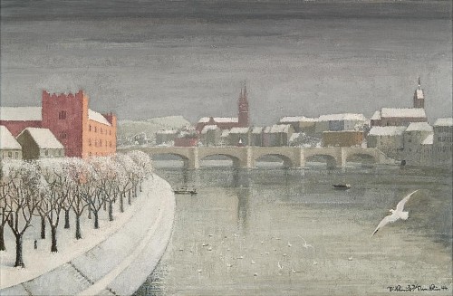 Mittlere Rheinbrücke mit Kaserne und Möwe, 1944