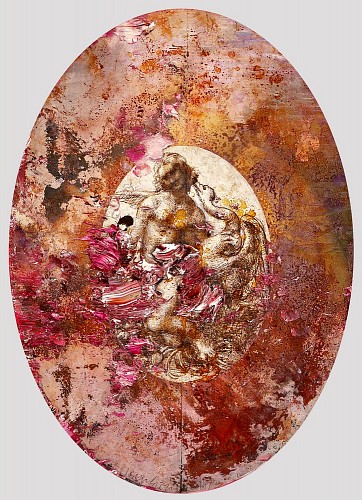 Leda und der Schwan, 2019/20 | Oel, Collage, Mischtechnik auf Holz/Oval | 79,5 x 57 cm | 5768