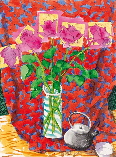 Samuel Buri| Ref. 651| Rosen vor Rot/Blau, 2018| Aquarell auf Papier, 77 x 56 cm