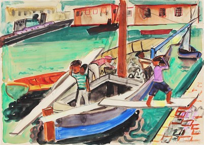 Am Hafen von Palermo, 1929 | Aquarell über Bleistift auf Papier | 35,5 x 49,3 cm LM | Ref. U. 863